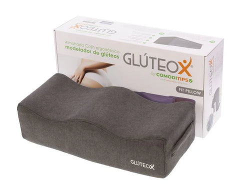 Almohada gris ergonómica Gluteox y su caja.
