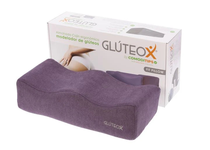 Cojín ergonómico morado, caja blanca de Glúteox.